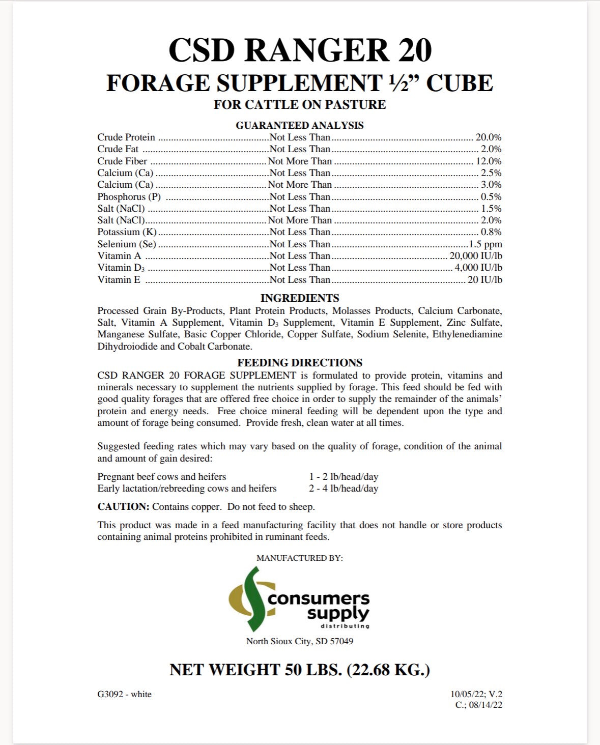CSD Ranger 20 Forage Supplement 1/2 Cube (50LB bag)