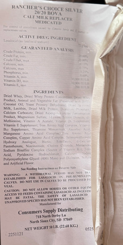 Rancher’s Choice Silver Milk Replacer 20/20 AM *BOV* 50lb bag (medicated)