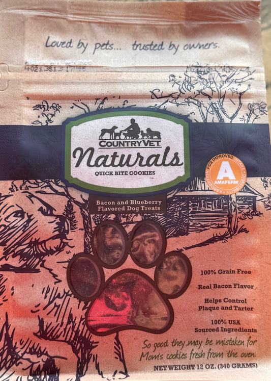 Country Vet NATURALS - GRAIN FREE BACON & BLUEBERRY QUICK BITE COOKIES (12 oz bag)
