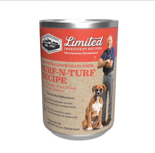 Dr. Pol Wet Dog Food Limited ingredient- GF Surf-N-Turf 12.5 oz can (12 cans)
