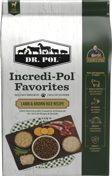 Dr. Pol Incredipol Favorites Lamb & Brown Rice Recipe dog food packaging.